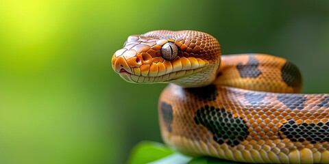 Obraz premium Snake concept. Colorful snake resting on a branch with blurred green background.