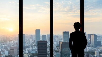 Fototapeta premium Businessman Silhouetted Against City Skyline at Sunrise