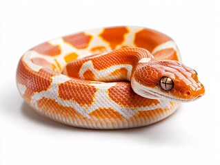 Fototapeta premium Snake concept. Vibrant orange and white snake curled in a circular position against a white background.