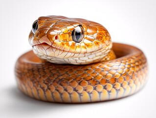Obraz premium Snake concept. Shiny, colorful snake coiled with a smooth texture and bright eyes on a light background.