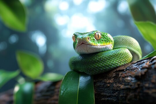 Snake concept. Green snake resting on a branch surrounded by lush foliage in a tranquil forest setting.