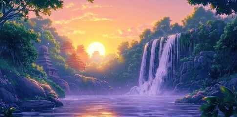 Fototapeta premium Serene Sunset Waterfall Scene Ancient Temples Lush Forest