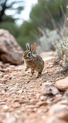Obraz premium Desert rabbit hopping on rocky trail, blurred green background, wildlife photography for nature publications.