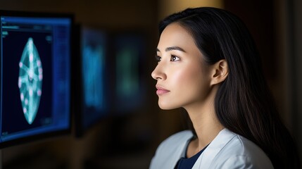 Fototapeta premium Professional Woman Analyzing Data on Digital Screens in Office