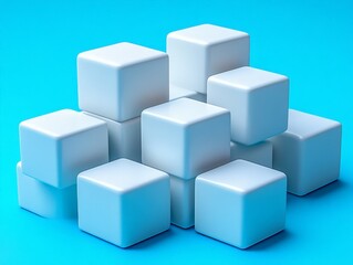Obraz premium A stack of white cubes arranged on a blue background, showcasing simplicity and design.