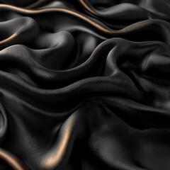 Obraz premium Wavy black silk fabric background with gold highlights for luxurious texture