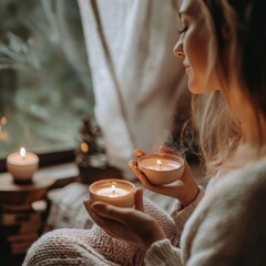 Woman relaxing with lit candles near window.