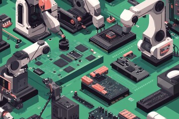 A detailed manufacturing line scene, with multiple microscopes magnifying PCBs while robotic arms work on soldering and chip placement