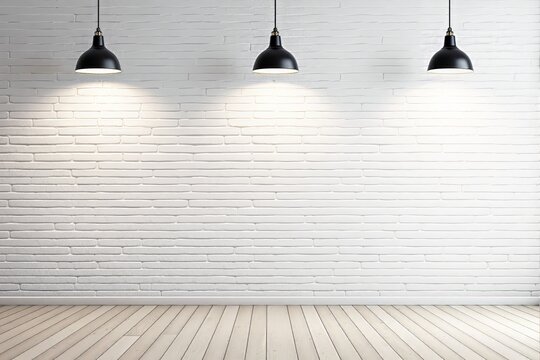 Fototapeta White brick wall with three hanging lights illuminating the area. Wooden flooring complements the minimalistic interior. Concept of room template. Ai generative.