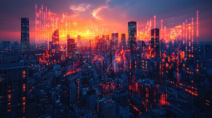 Fototapeta premium Vibrant cityscape at sunset overlaid with digital elements