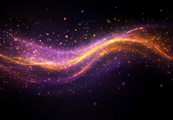 Obraz premium A vibrant abstract background of purple and gold glitter lights with defocused particles, evoking the beauty and mystery of a cosmic galaxy.