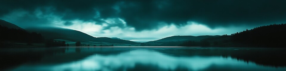 Serene lake reflecting teal sky and mountains under moody clouds.