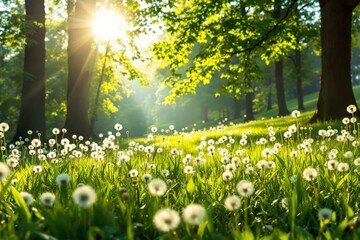 Obraz premium Dandelion-filled meadow in a forest, illuminated by soft sunlight. Warm tones and serene ambiance create a peaceful nature concept. Ai generative