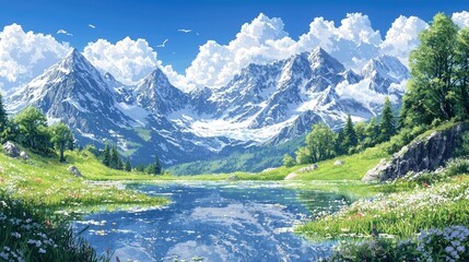 Fototapeta premium A serene landscape featuring mountains, a lake, and lush greenery under a blue sky.
