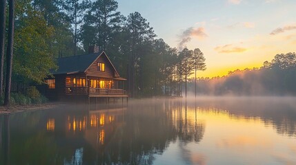 Fototapeta premium Serene lakeside cabin at sunrise, surrounded by mist and trees, reflecting in the water.