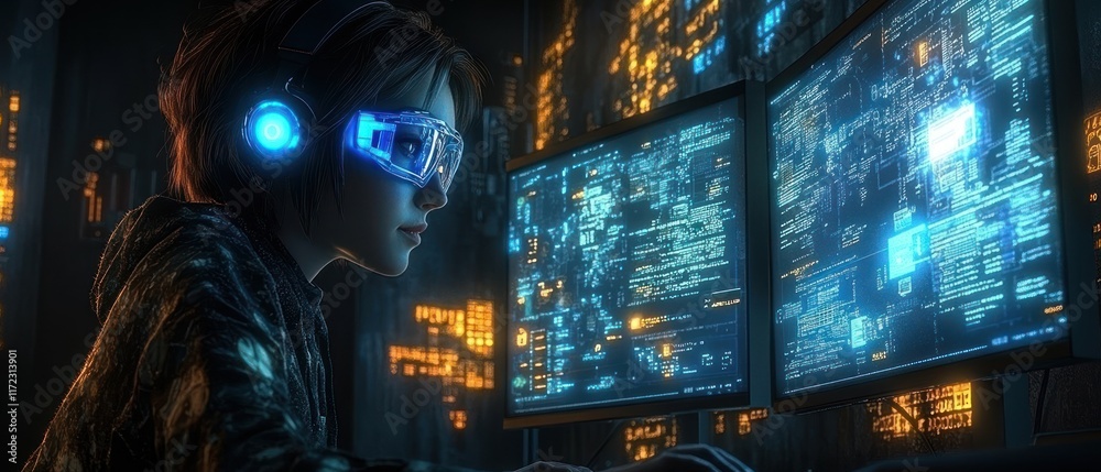 Poster futuristic hacker using multiple screens in a digital environment