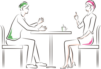 オフィスのカフェスペースで打ち合わせをするビジネスマンとビジネスウーマン