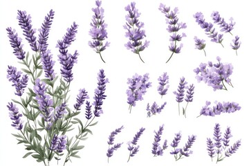 A detailed vector watercolor set of lavender flowers, arranged in a variety of compositions for design use.