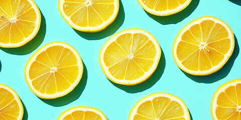 Fototapeta premium Fresh lemon slices on a vibrant turquoise background in a pattern