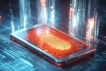 A digital design showing a glowing fingerprint scanner on a smartphone screen, with holographic security features floating nearby.