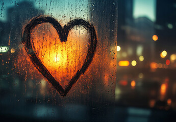 Obraz premium A heart drawn on a fogged window with a city skyline in the background symbolizes urban love, blending intimacy with the vibrance of modern life.