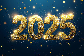 2025 New Year Sign, metallic Gold Accents, Shiny Bold Numbers With A Futuristic, Celebratory Feel, Surrounded By Sparkling Lights.