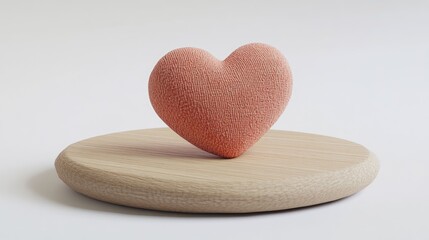 A soft fabric heart resting on a simple wooden platform with clean lines.