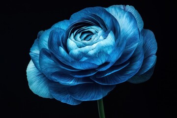 A dramatic composition of a vibrant blue ranunculus flower with intricate petal details, set against black.