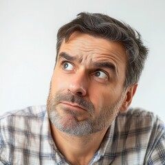 Obraz premium A middle-aged man with a skeptical look, tilting his head slightly, on a white background