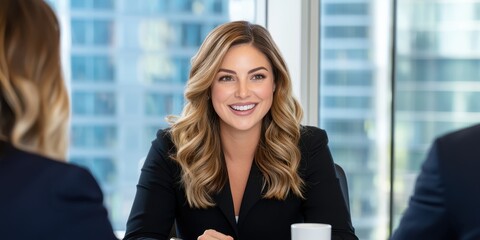 Confident Businesswoman: A professional woman, with a warm smile and confident demeanor, sits in a modern office setting, exuding an air of success and expertise.