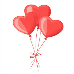Three heart-shaped balloons in shades of red and pink, tied together with clean, minimal lines. The flat, clip-art style makes this design suitable for stickers, cards, or festive decorations.
