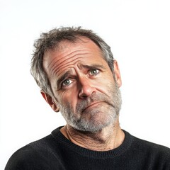 Obraz premium A middle-aged man with a skeptical look, tilting his head slightly, on a white background 