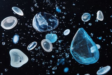 Colorful Droplets and Particles Suspended in Water Create an Abstract Underwater Scene With Various Textures and Shapes