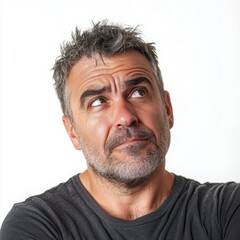 Fototapeta premium A middle-aged man with a skeptical look, tilting his head slightly, on a white background 
