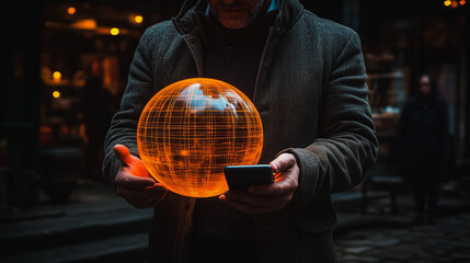 Fototapeta premium Global Connection: A man holds a glowing orb, representing the interconnectedness of our world. The warm light of the orb illuminates his face, suggesting a sense of purpose and possibility.
