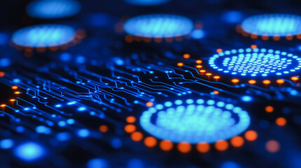 Digital Circuitry Close-Up: Abstract technological background image showcasing intricate glowing blue and orange circuit board patterns. Perfect for themes of technology, innovation.