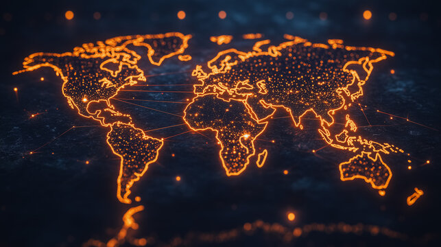 Global Network: A stylized world map glows with vibrant orange light, symbolizing interconnectedness and global communication.