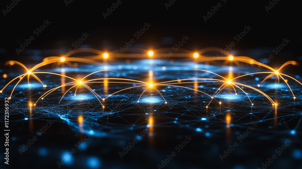 Poster interconnected network: abstract representation of a global network with glowing nodes and connectio