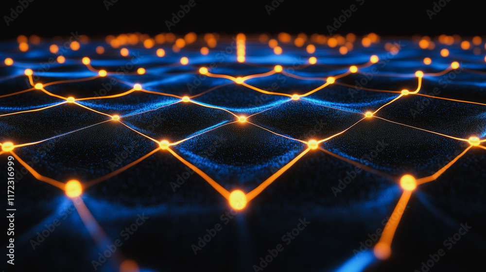 Poster abstract network connection: glowing nodes and lines form a dynamic, interconnected web, symbolizing