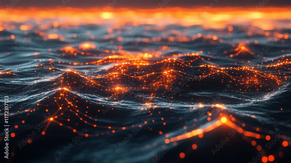 Wall mural abstract glowing waves with network connections.