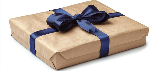 Fototapeta premium A simple gift box in brown paper tied with a blue ribbon rests on a pastel background, ideal for elegant, minimalistic presentations.