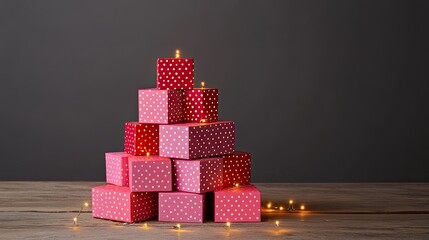 Red and pink gift boxes stacked in a pyramid, framed by fairy lights on a wooden table.