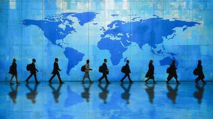 Obraz premium Silhouettes of business people walking in front of a world map