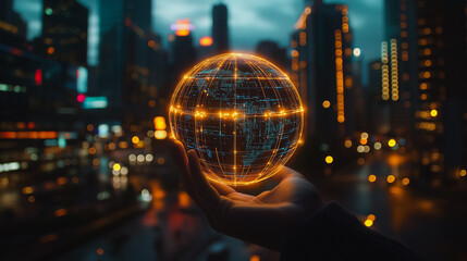 Global Connections: A hand delicately cradles a glowing globe, its intricate lines symbolizing the interconnectedness of our world, set against the vibrant backdrop of a bustling cityscape at night.