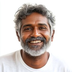 Fototapeta premium An Indian man with a beaming smile and slightly tilted head, exuding friendliness, on a white background 