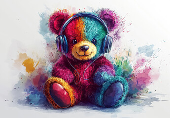 A colorful teddy bear wearing headphones in a bold graffiti-inspired style. The vibrant, cartoon-like character is set against a white background, blending playful creativity with dynamic colors.