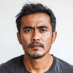 Fototapeta premium An Indonesian man with a determined look, furrowed brows, and focused eyes, expressing resilience, on a white background 