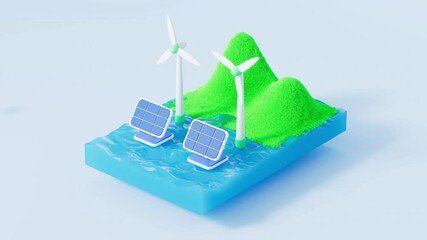 An animation of green new energy wind power and solar energy in water,3d rendering