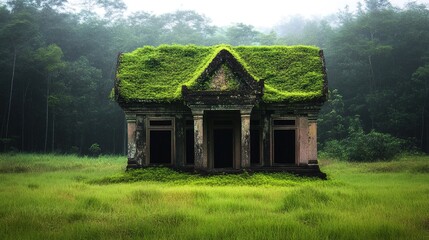 Obraz premium Abandoned House with Lush Green Roof Surrounded by Dense Forest