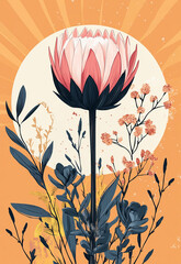 A minimalist line art of a protea flower and succulents, accompanied by sun rays in a warm peach color palette. The clean and elegant design makes it versatile for various uses.